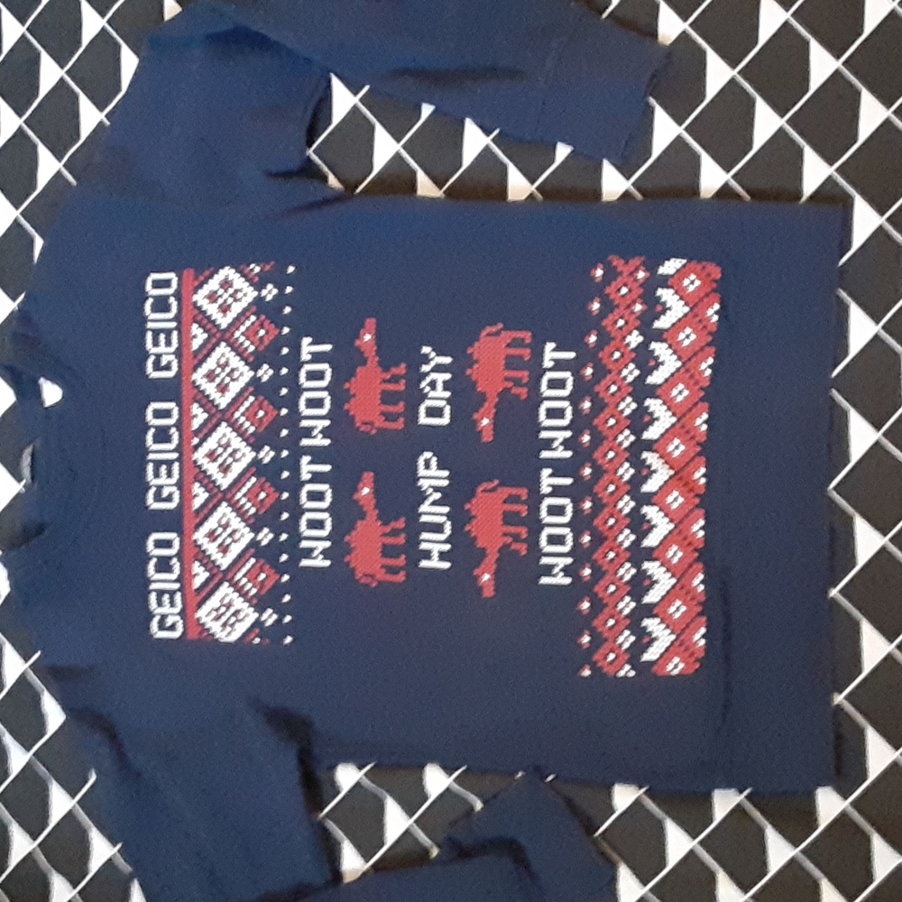GEICO HUMPDAY BLUE. RED AND WHITE SWEAT SHIRT,  SMALL
